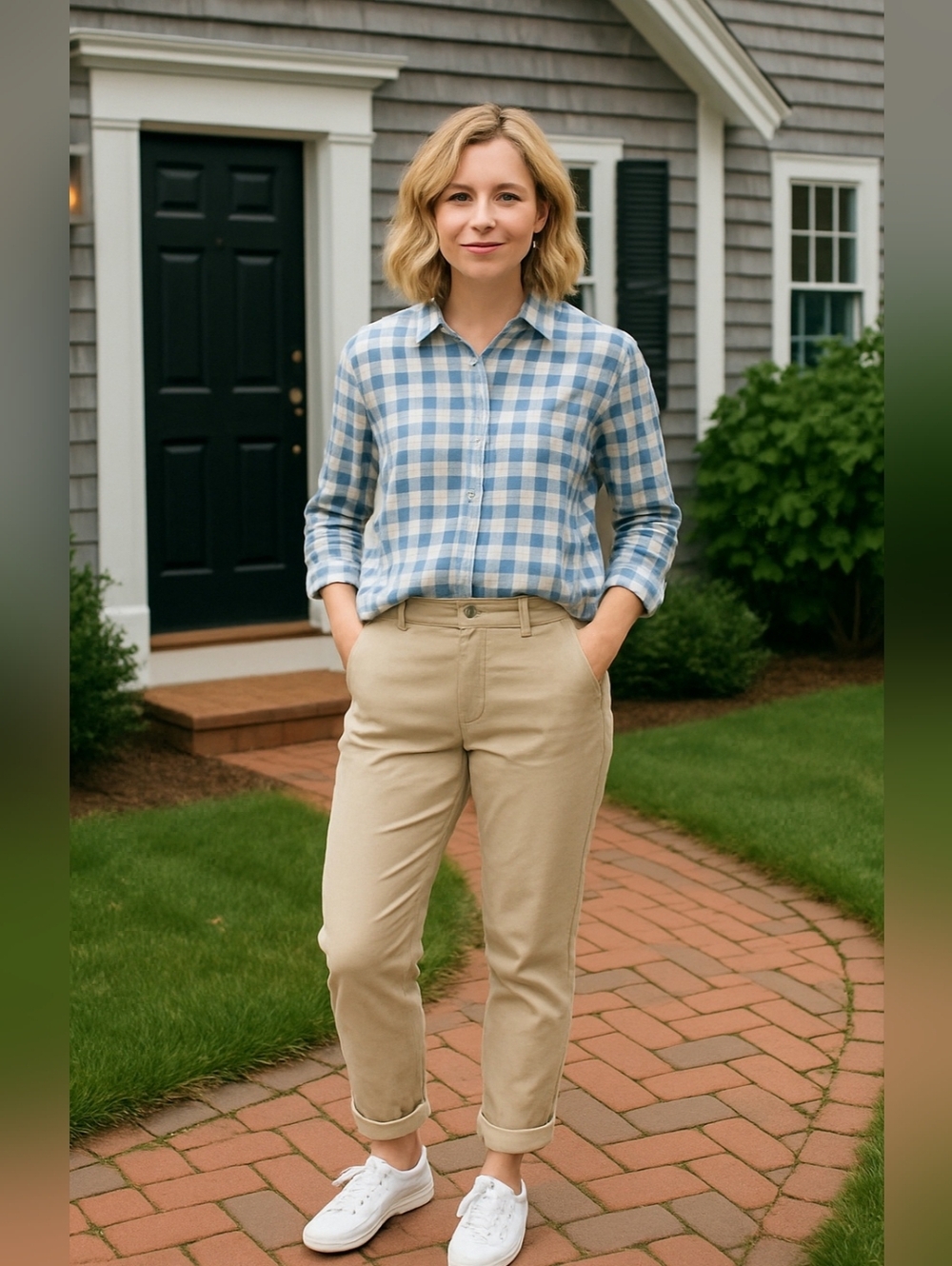 Long Sleeve County Blue‎ & Cream Plaid Flannel Button Down Shirt Coastal Grandma